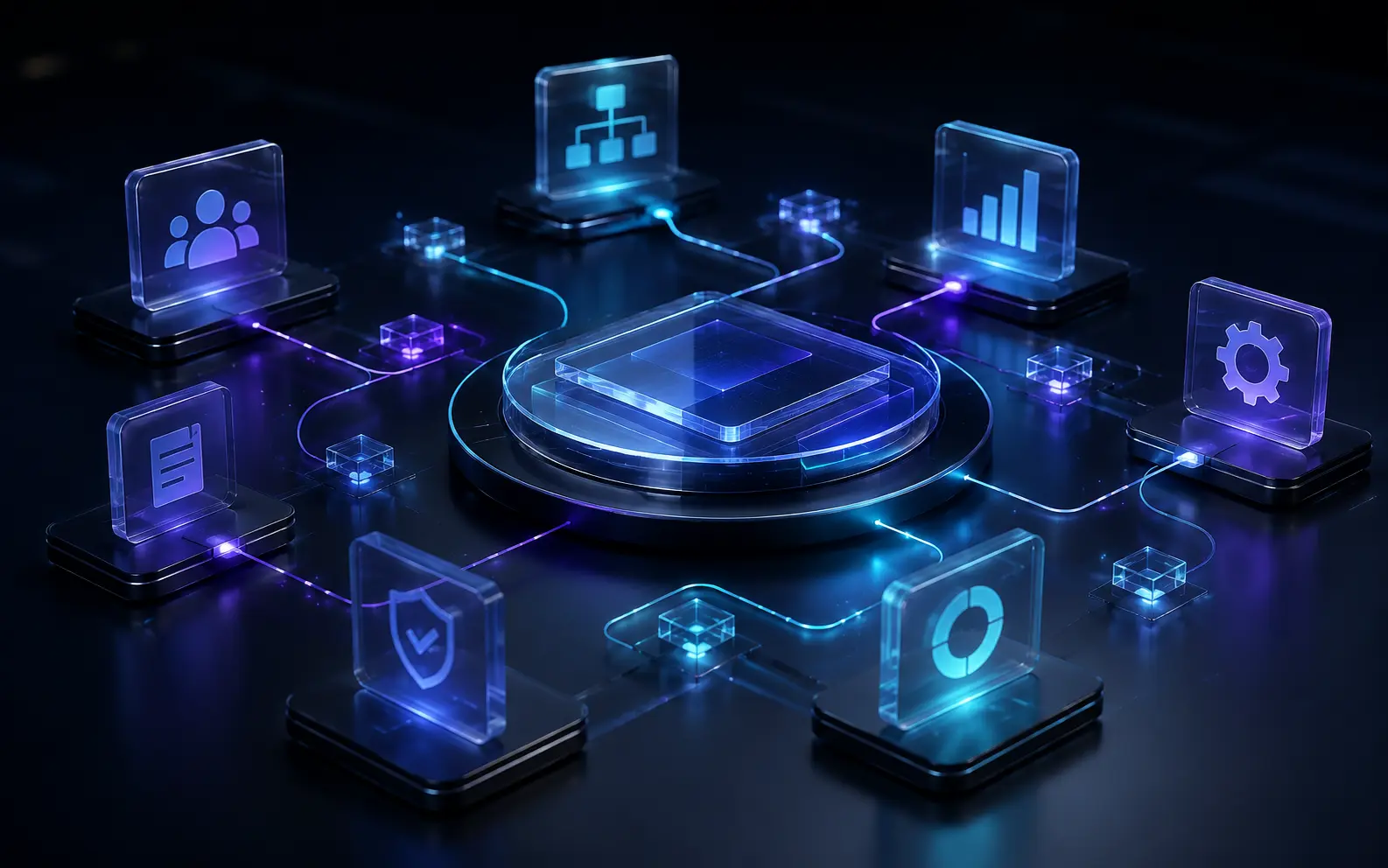 Premium futuristic business automation dashboard in a dark UAE office